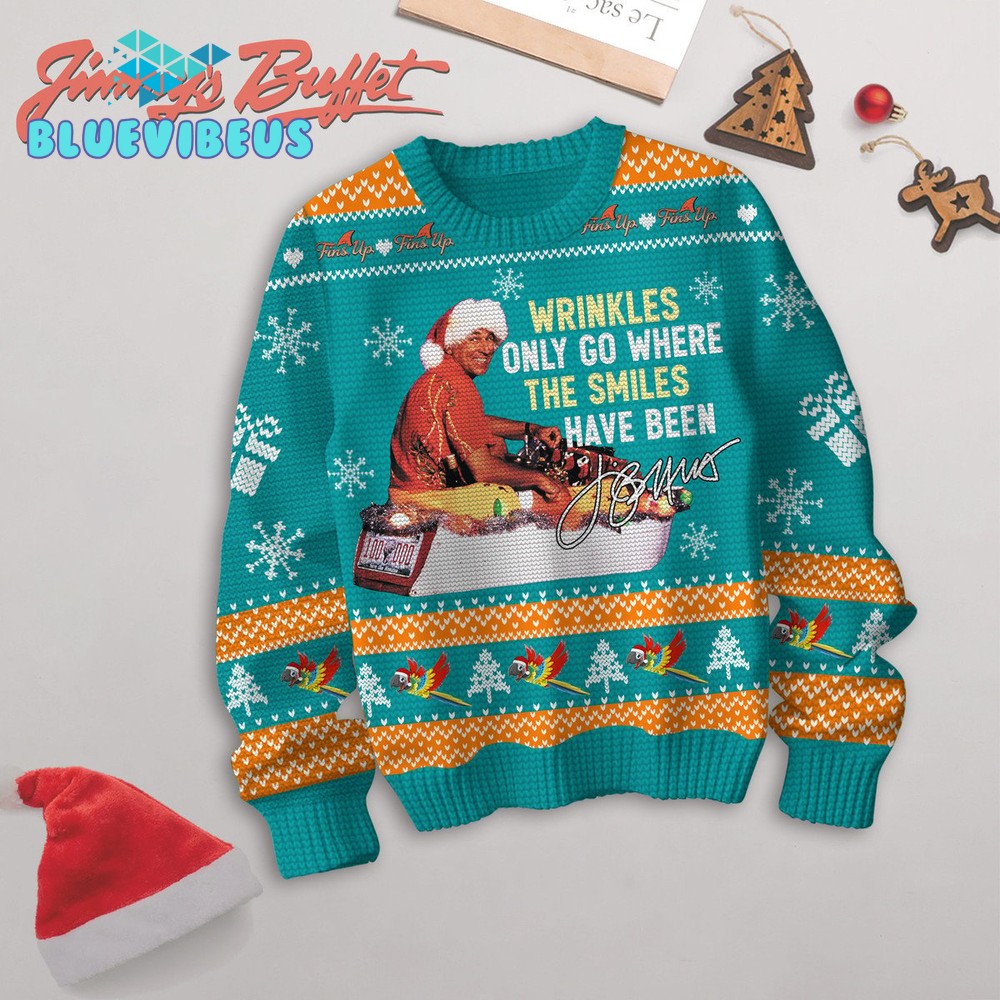 Jimmy Buffett Wrinkles Only Go Where The Smiles Ocean Blue Sweater