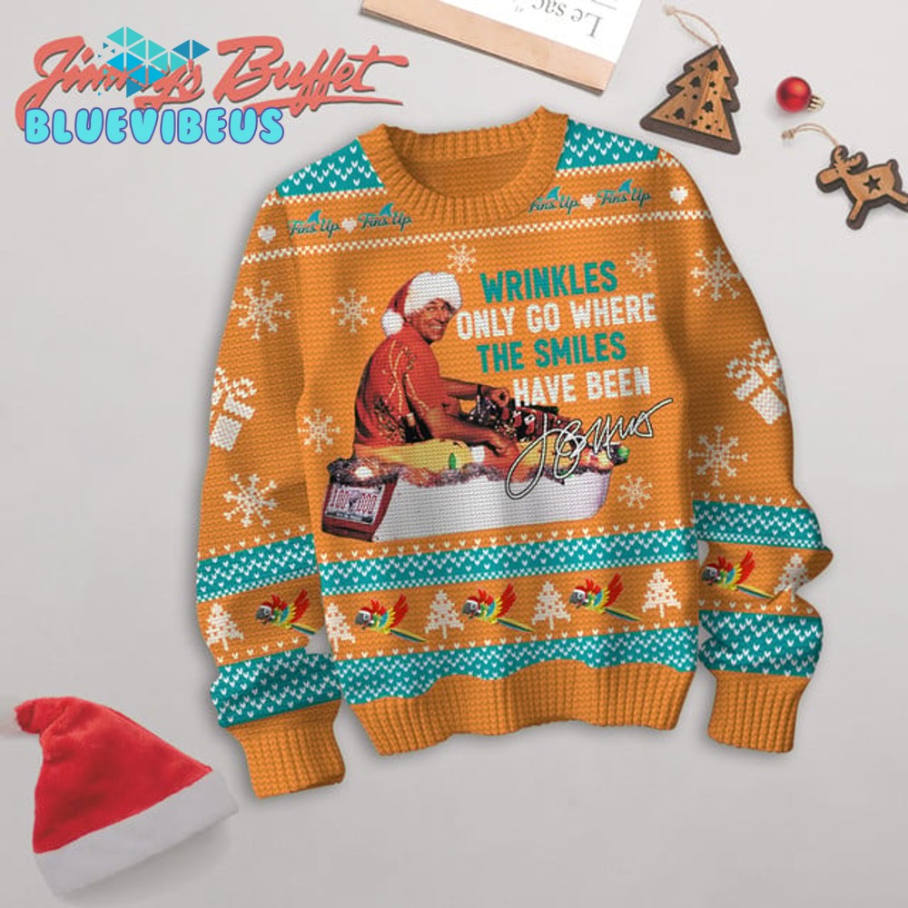 Jimmy Buffett Wrinkles Only Go Where The Smiles Sunset Orange Sweater