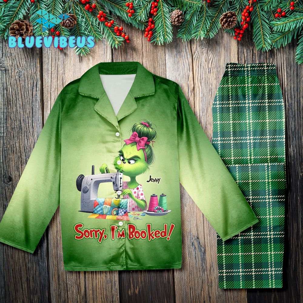 Busy Sewing Grinch Girl Personalized Green Pajamas Set