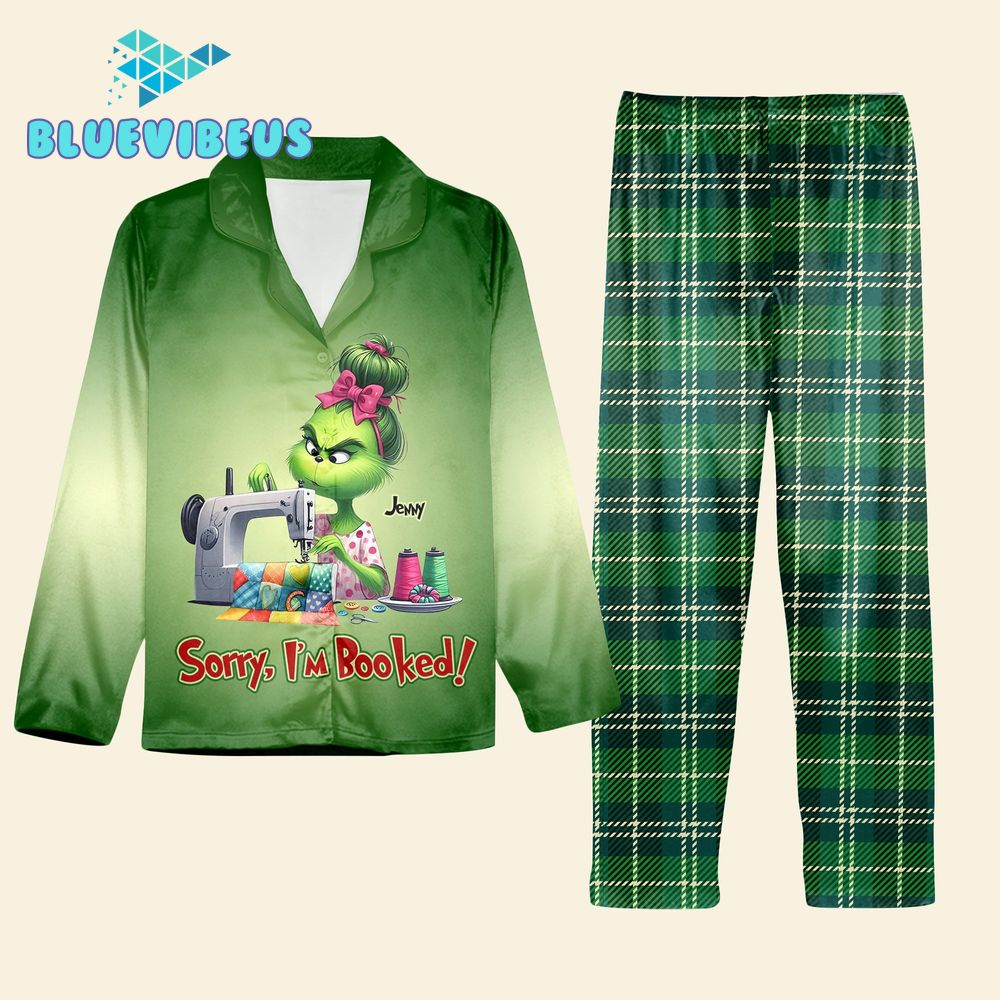 Busy Sewing Grinch Girl Personalized Green Pajamas Set