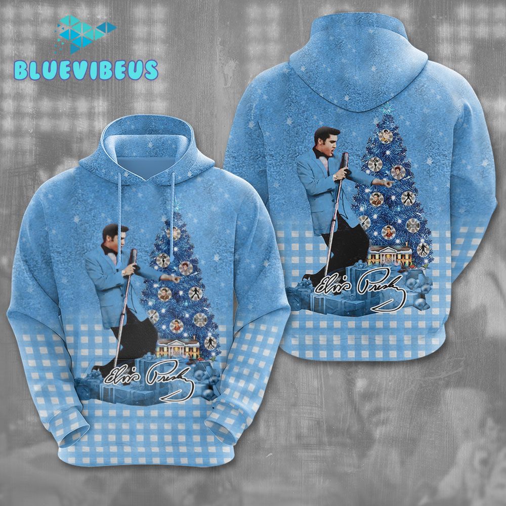 Elvis Presley 3D Apparel Light Blue Christmas Hoodie