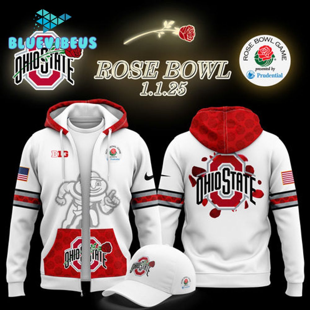 Ohio State Buckeyes Rose Bowl Game 2025 White Zip Hoodie