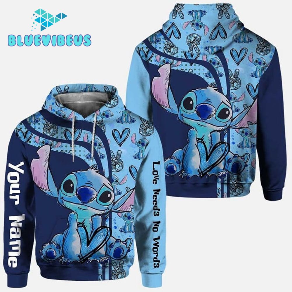 Stitch Love Needs No Word Personalized Blue Hoodie