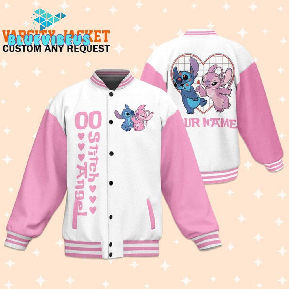 Stitch Angel Valentine Personalized Pink Baseball Jacket